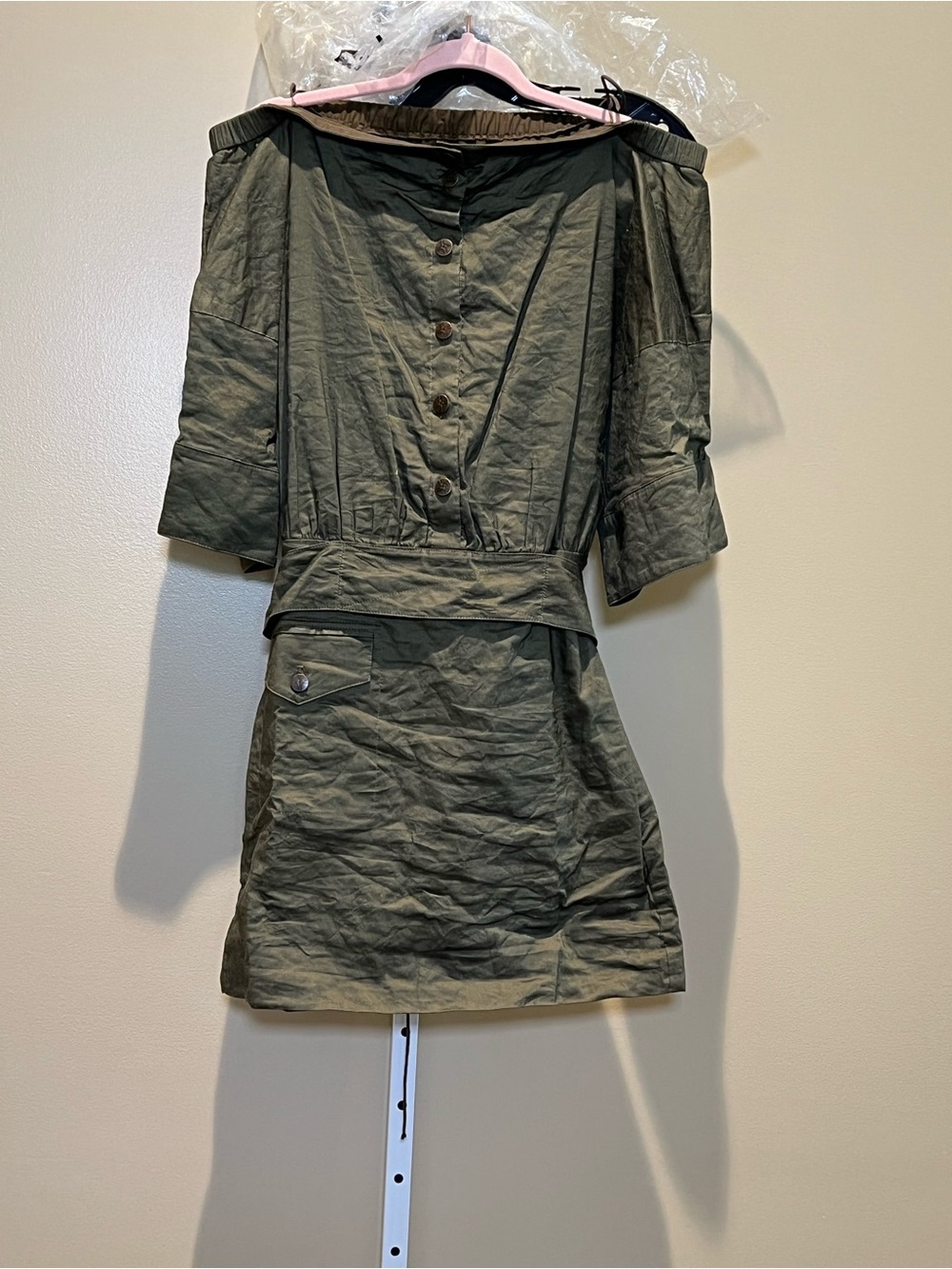 Nicole Miller Runway Olive Green Off-Shoulder Mini Dress